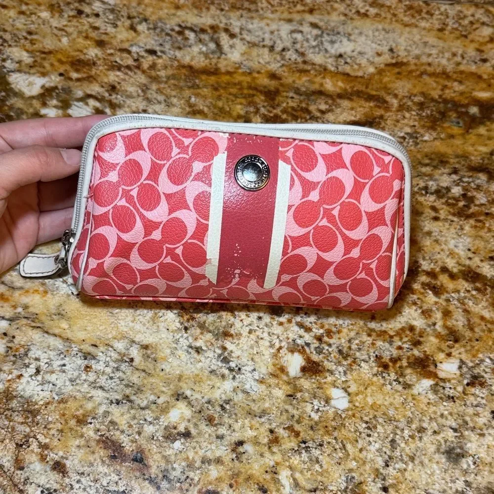Coach Pink Signature Zip Wallet with White Trim